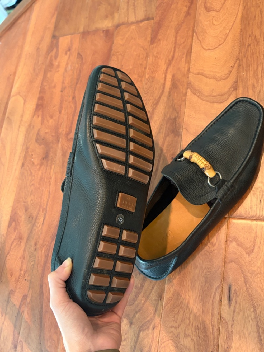 Authentic Gucci Mens Web Bamboo Horse-Bit Driving Loafer Black Leather Size 11.5 - Picture 10 of 12